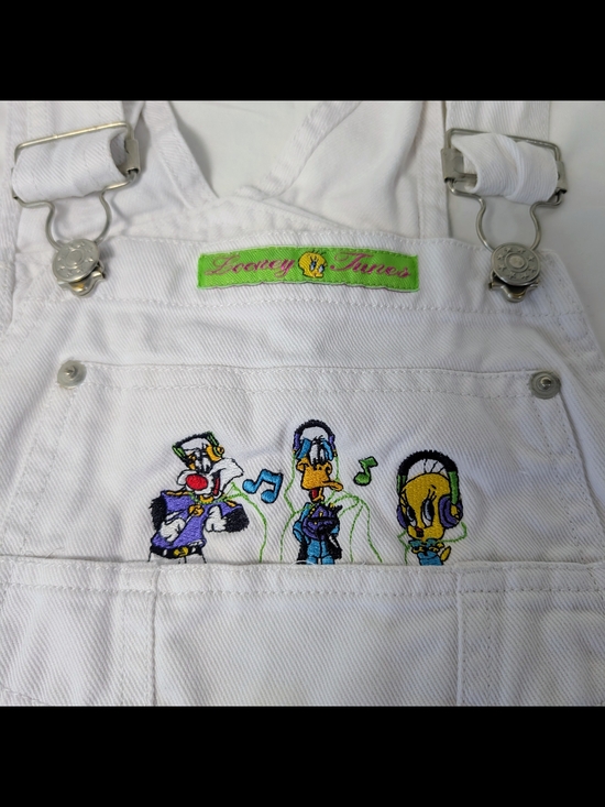 Warner Bros. Other - Y2K Girls Size 10 White Denim Overall Shorts With Embroidered Looney Tunes